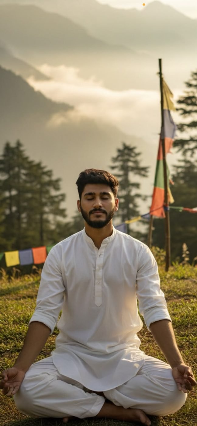 Rajat meditating in the mountains